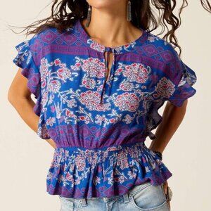 Ariat Women's Ruffle Sleeve Cortez Candelia Print Blouse Top Blue
